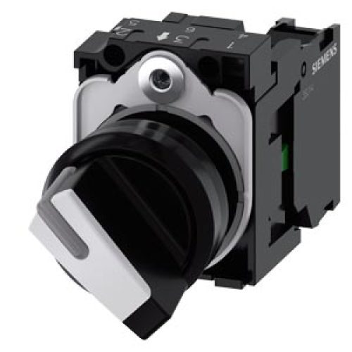 Selettore, illuminabile, 22 mm, rotondo, in plastica, bianco, selettore, corto, 2 posizioni di commutazione OI, a scatto, 10:30h/13:30h, con supporto, 1 NO, morsetto a vite - SIEMENS 3SU11002BF601BA0