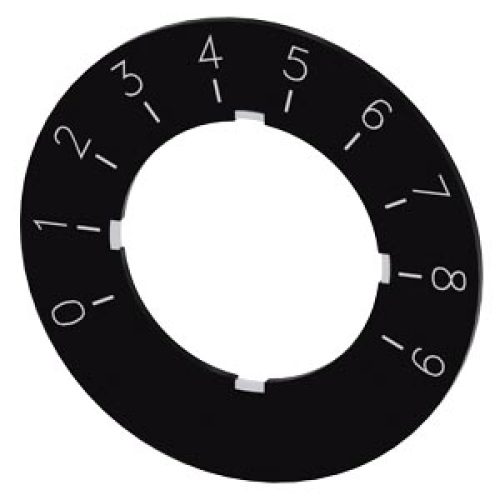 Targhetta di identificazione per potenziometro, etichetta nera, caratteri bianchi, con scritta: 0-9 Diametro esterno 40 mm - SIEMENS 3SU19000BG160RT0