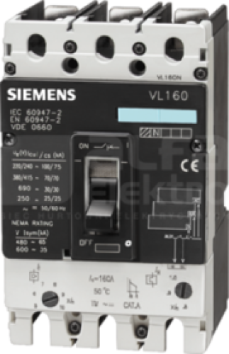 Interruttore VL250H alta capacità di commutazione Icu=70kA, 415V AC 3 poli, protezione sistema sganciatore di massima corrente TM, LI In=250A - SIEMENS 3VL37252DC360AA0