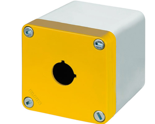 Scatola Pulsantiera Alluminio M10 85x85x85, 1 foro Ø 22, con entrata cavo, giallo - ELFIN 040C0808-8EGP1
