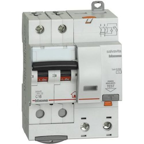 Interruttore Magnetotermico Differenziale 2P 4,5kA Idn=0,03A tipo AC 4 Moduli DIN 230V In=16A - BTICINO GC8230AC16