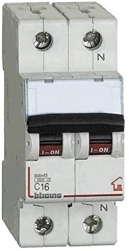 Interruttore Magnetotermico 1P+N curva C 4,5kA 2 moduli DIN 230V In 16A - BTICINO FC810NC16