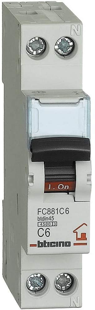 Interruttore Magnetotermico 1P+N curva C In 6A Icn 4,5kA Vn 230 Vac 1 Modulo - BTICINO FC881C6