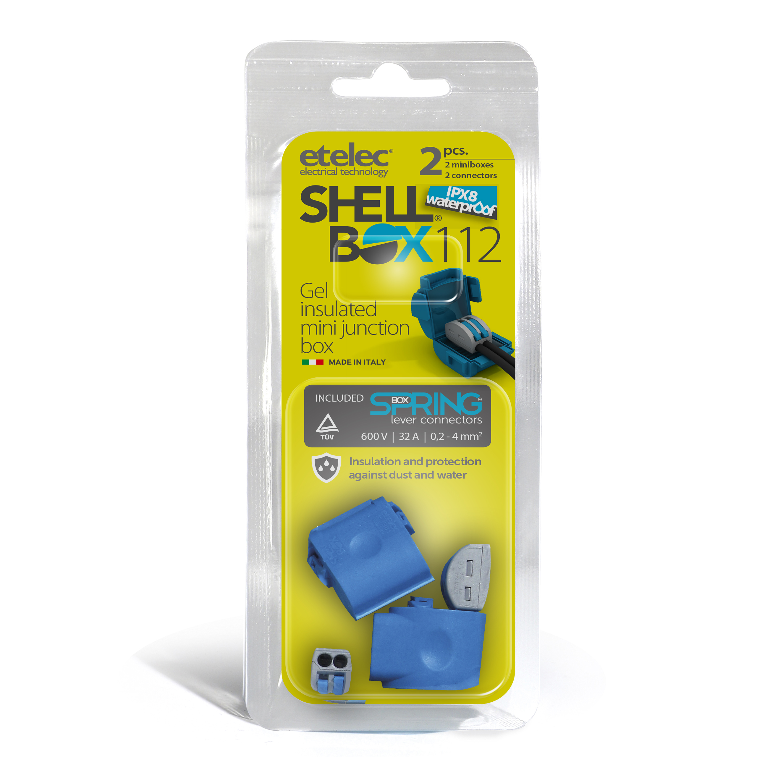 Astuccio 2 Pezzi Shell Box Dispositivo Connessione Isolamento Gel Protezione Acqua IPX8 Cavi Piccola Sezione 0,2-4 mm², 1 Polo, 2 Cavi per polo - ETELEC MJB112