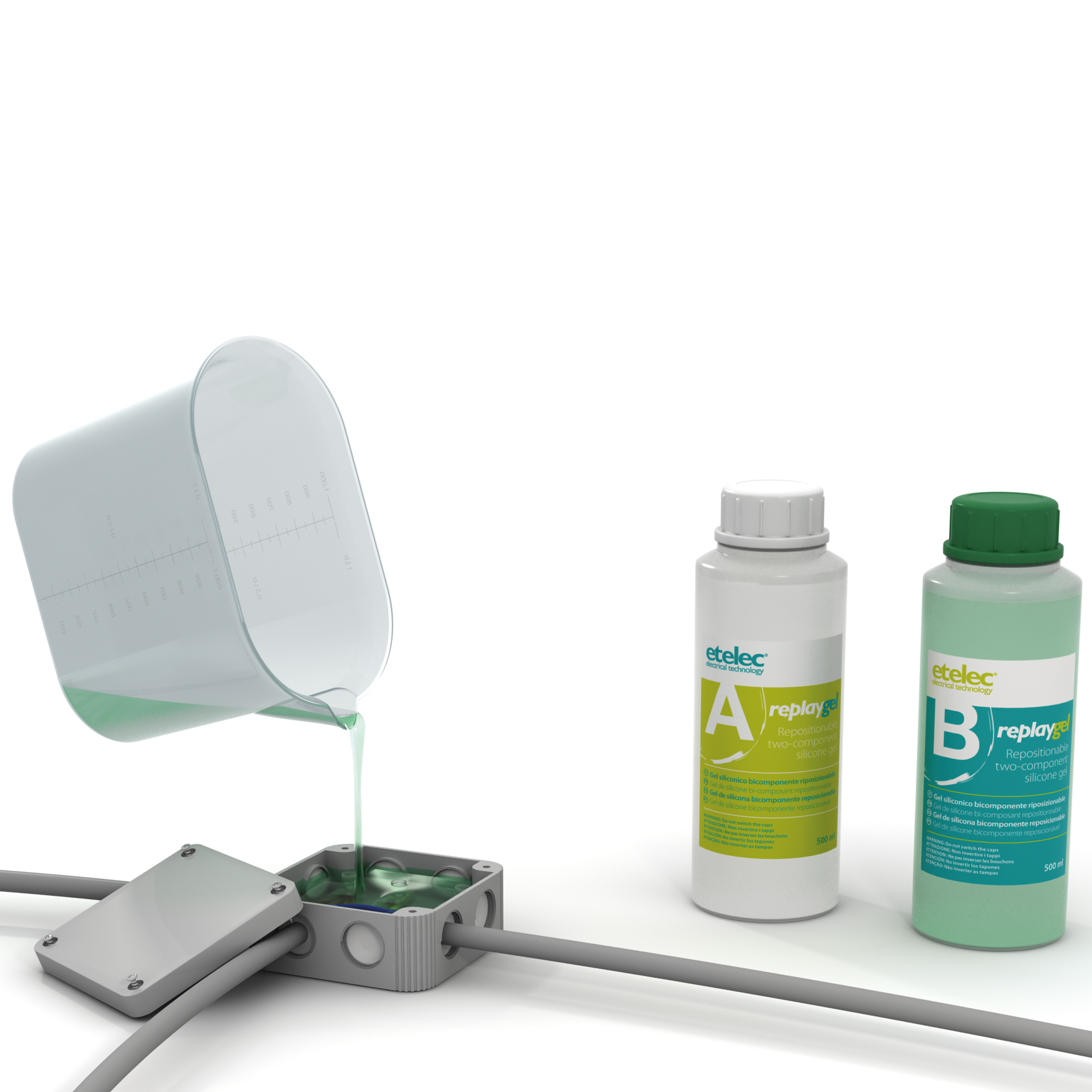REPLAYGEL 1 Litro, Kit Gel Siliconico Isolanti Bicomponente Riaccessibile Riutilizzabile, Sigillature Scatole Cassette Derivazione, Confezione 2 Flacon - ETELEC MP3100