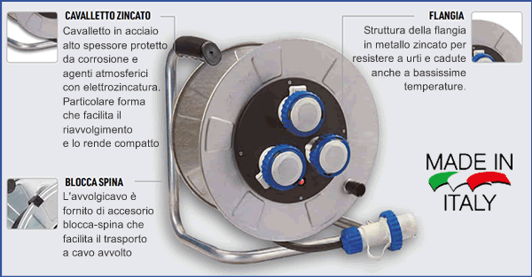 Avvolgicavo industriale Golia Metallo 30 metri 3 prese CE - FANTON 14350