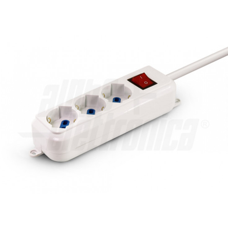 Multipresa Con 3 Uscite Universali Italia P40 - Interruttore 1,5M Cavo Spina 90°16A Bianca - ALPHA ELETTRONICA 23-043S/03