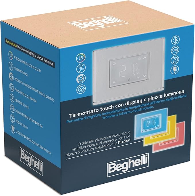 Termostato con Display Touch e Placca Luminosa Retroilluminata con 15 Colori - BEGHELLI 60048