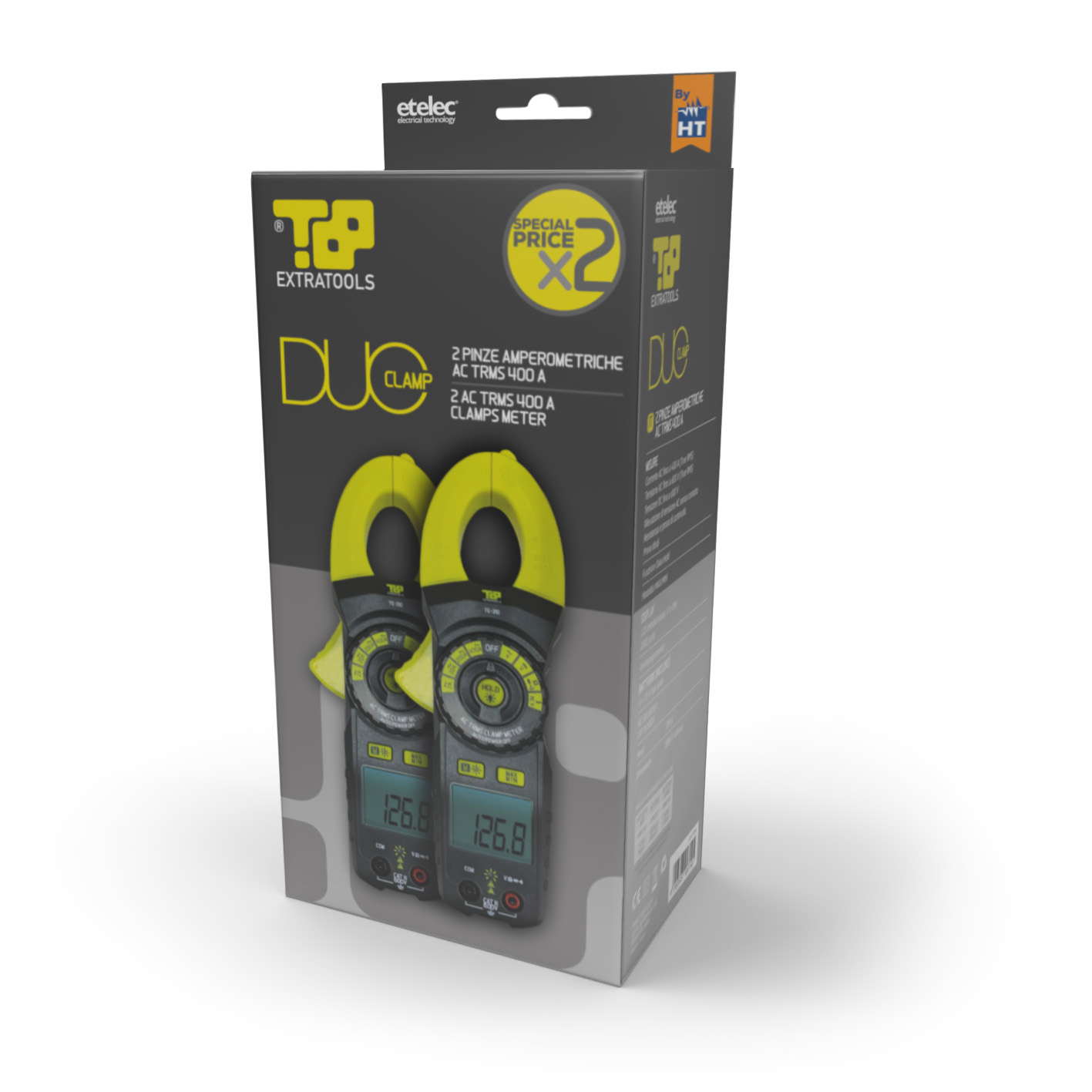 Kit di 2 Pinze Amperometriche, TRMS 400A AC, 600V AC/DC, Display LCD Retroilluminato, CAT III, T&P Extratools DUO - ETELEC KS04
