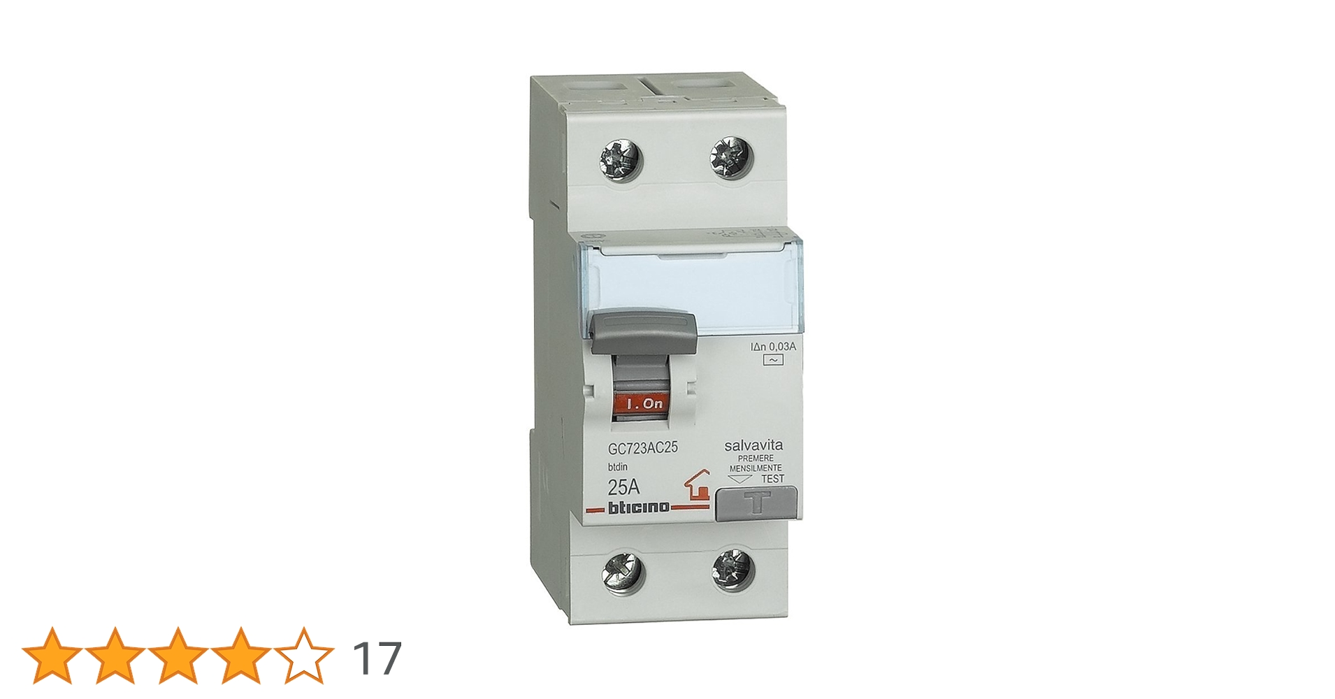 Interruttore Differenziale SALVAVITA 2P tipo A In 25A Idn 30mA Vn 230/400 Vac 2 Moduli - BTICINO G723/25A