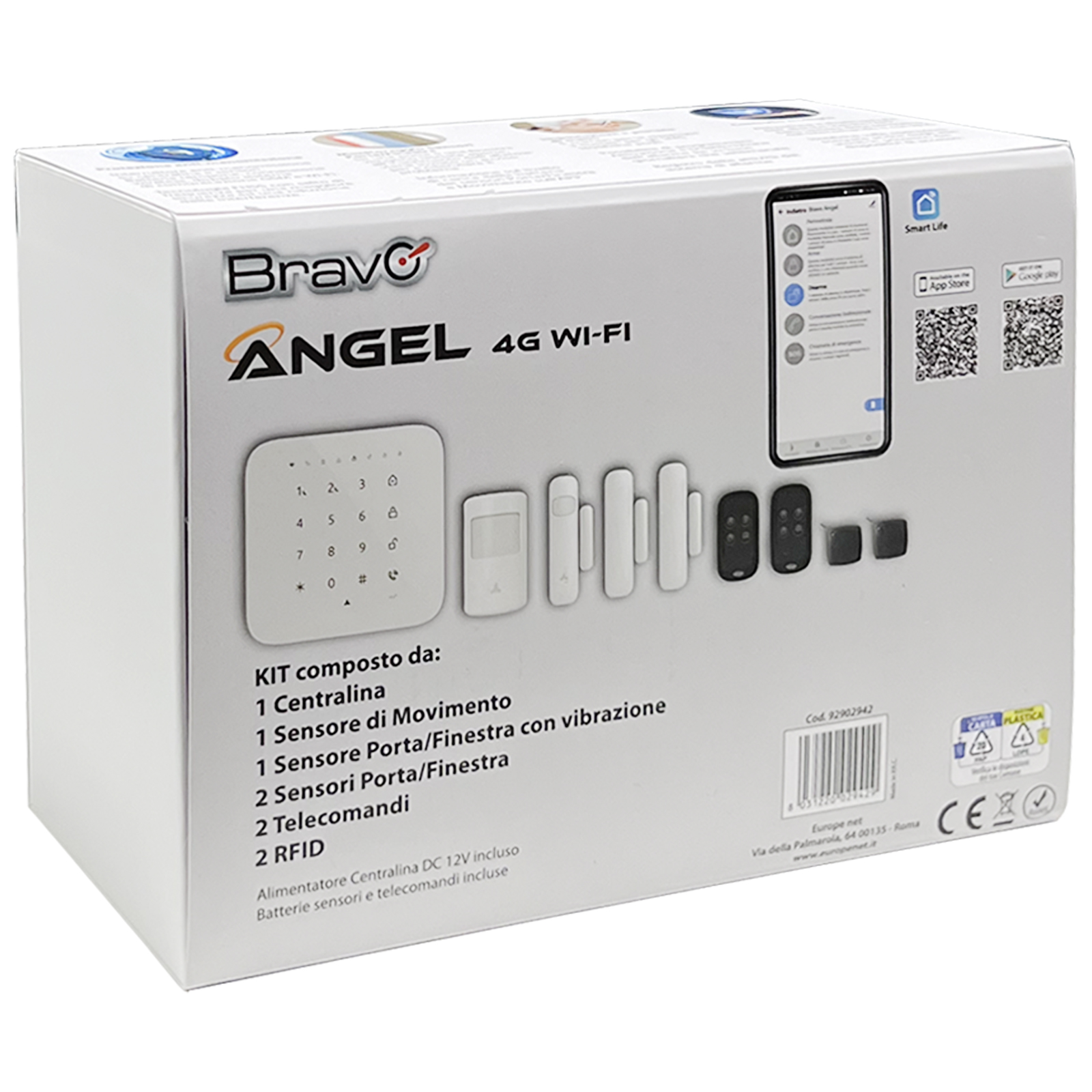Bravo Sistema Allarme Wi-Fi 4G FHSS Centralina Smart Life Sirena Integrata 105 dB Kit Completo con Sensori Porta/Finestra, Movimento, Telecomandi e RFID - VARIO 92902942