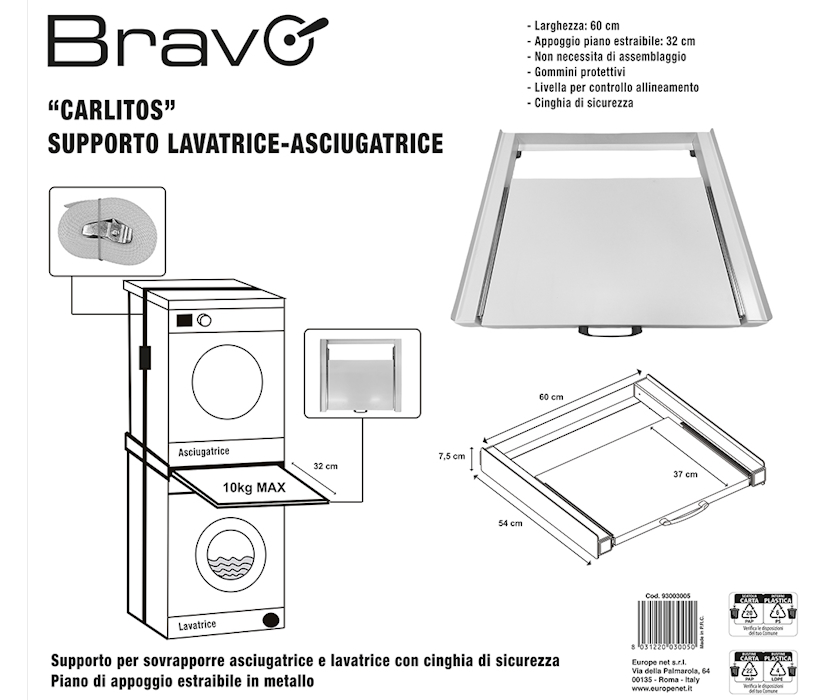 Bravo Carlitos Kit Supporto Lavatrice/Asciugatrice, Acciaio, 60x32 cm, con Piano Estraibile, Cinghia di Sicurezza, Carico Massimo 70 kg - VARIO 93003005