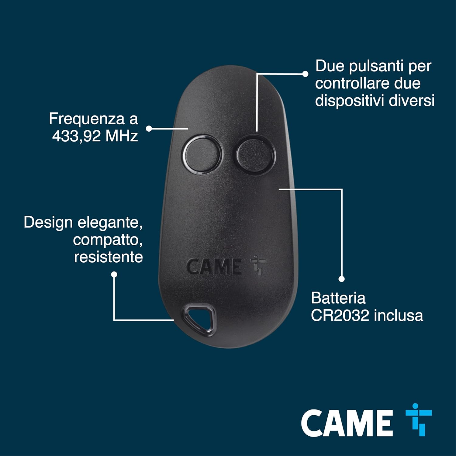 Telecomando TOP Bicanale Codice Fisso TAM, TWIN e TTS, 433MHZ, Batteria Inclusa, Nero - CAME 806TS-0300