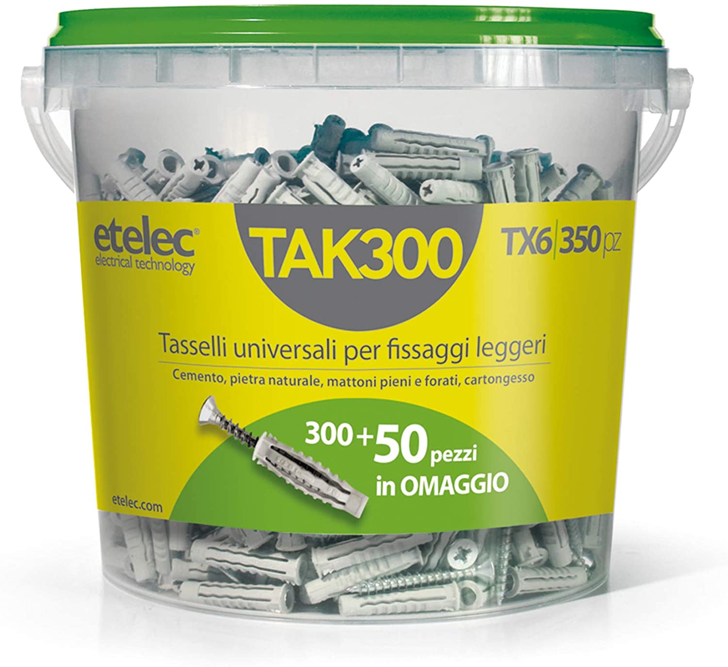Secchiello Box Kit 350 Tasselli Universali TX6 Nylon 6X30 mm Vite 4,5x40 mm - ETELEC TAK300