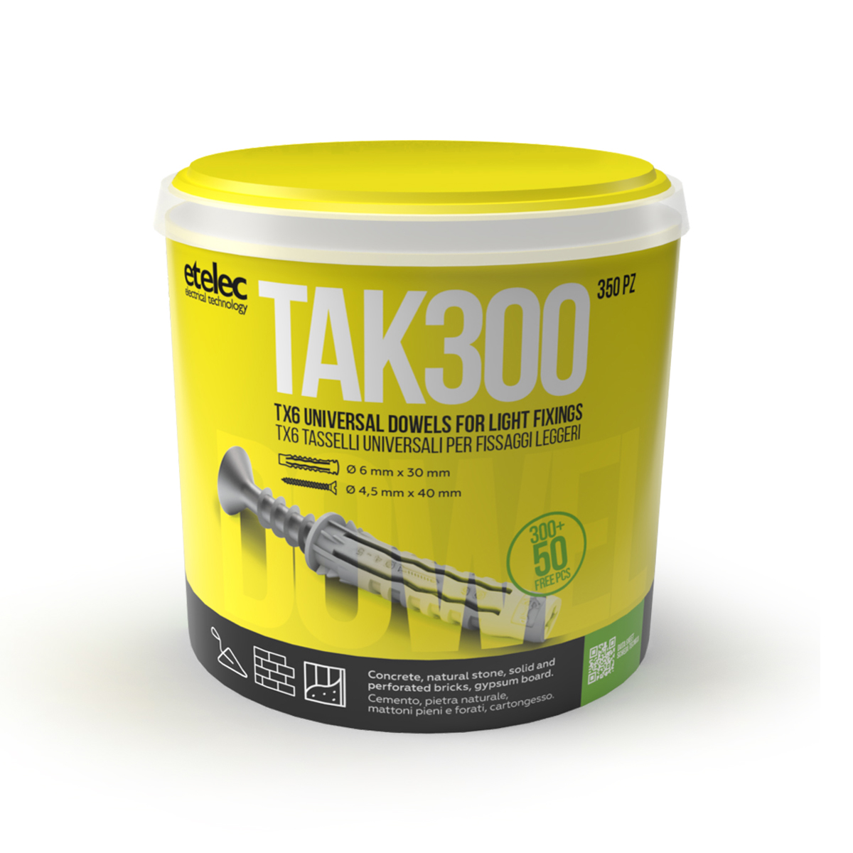 Secchiello Box Kit 350 Tasselli Universali TX6 Nylon 6X30 mm Vite 4,5x40 mm - ETELEC TAK300