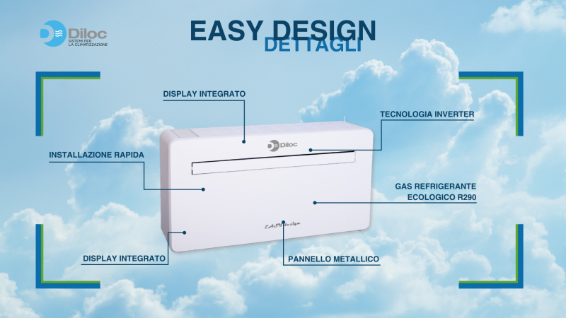 Diloc Condizionatore Senza Unità Esterna, Easy Design 14 HP, Caldo-Freddo, 10000 Btu, R-290, Wi-Fi Integrato, 39 dB, 520 m3/h - NAICON D.EASYDESIGN14HP