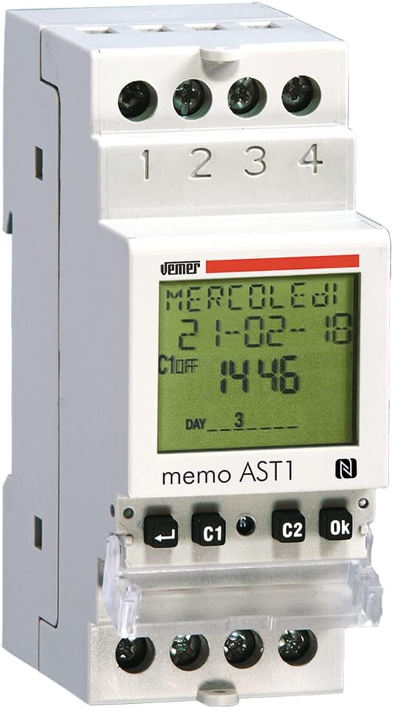 Interruttore Crepuscolare Astronomico Temporizzato Memo AST1, Giornaliero/ Settimanale, 2 Moduli, Controllo Remoto Smartphone App NFC - VEMER VE344800